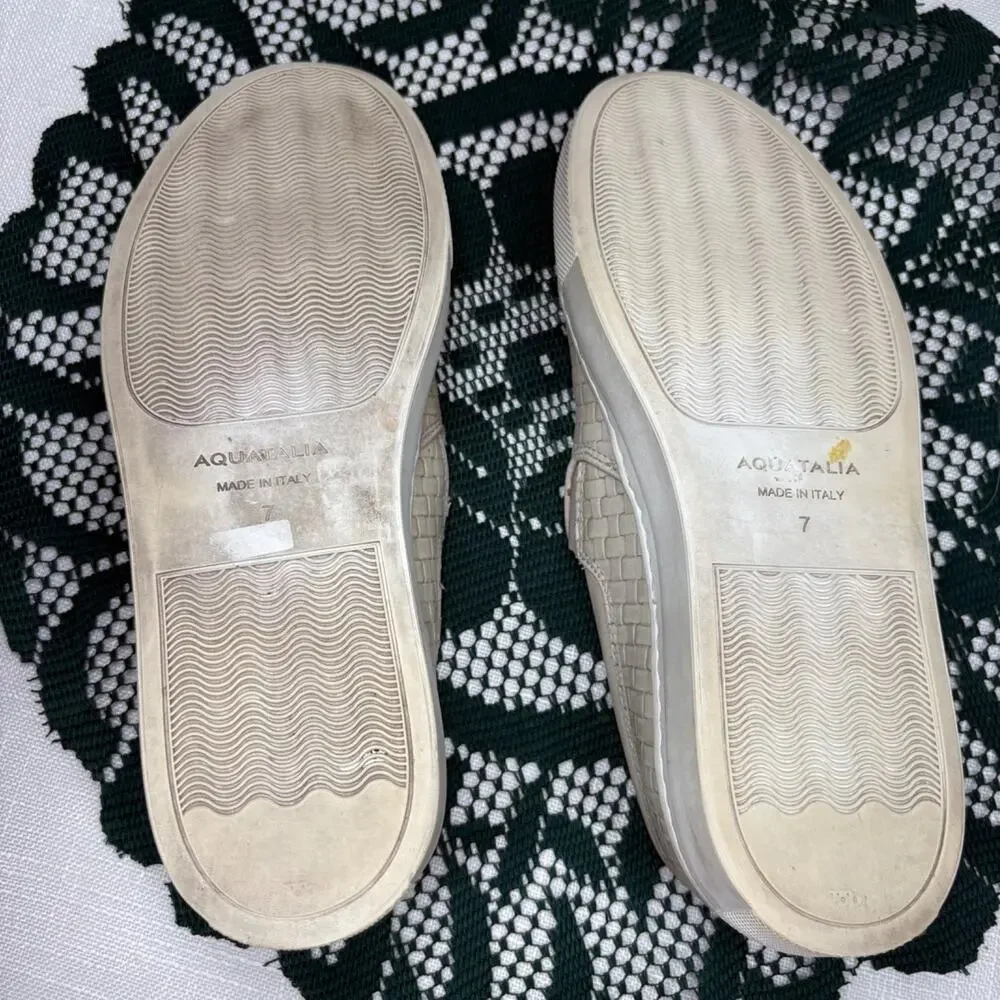 Aquatalia Ashlynn Embossed Calf Size 7 Cream/Grey Woven Leather Made Italy